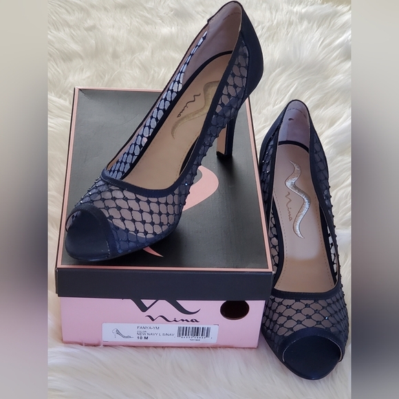 Nina Fanya Satin Navy Peep-Toe Heels With Mesh And Rhinestone Design Size 10 - Picture 3 of 8